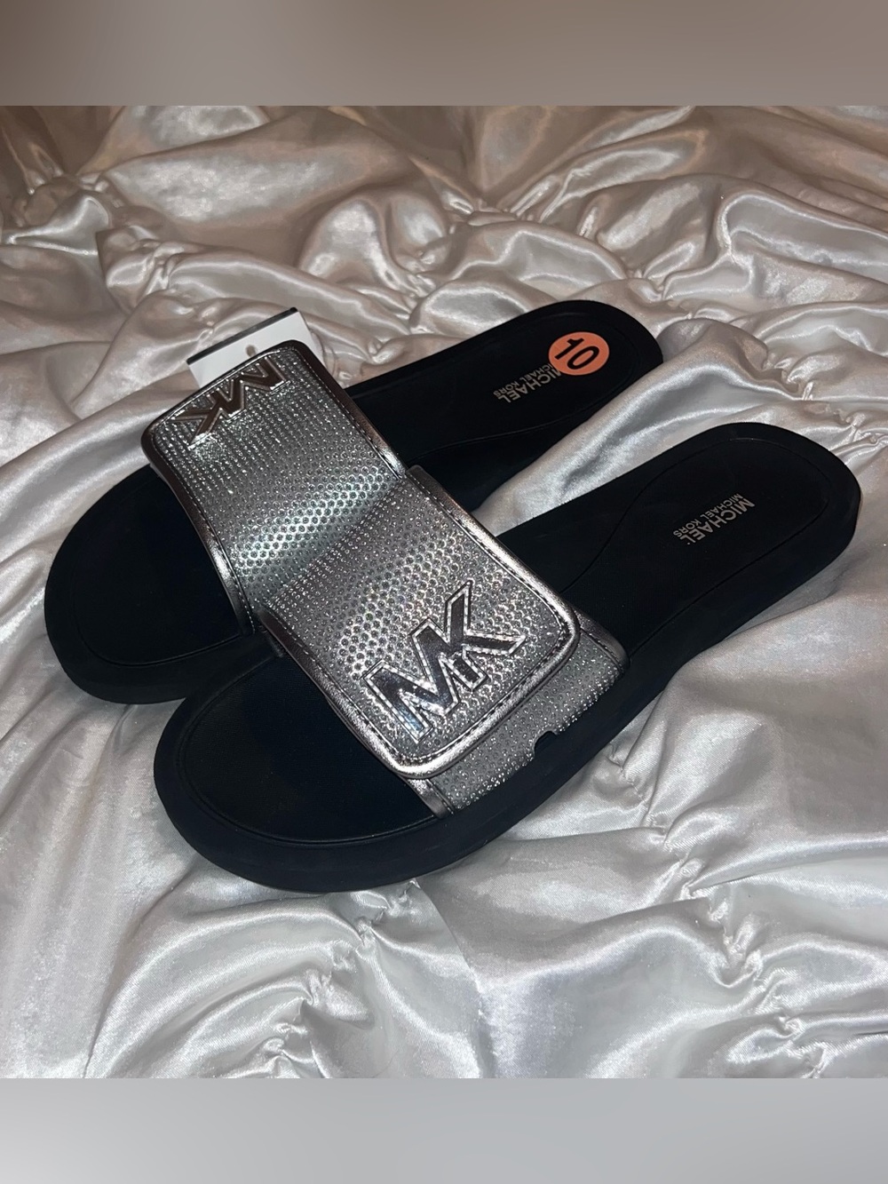 Michael Kors Metallic Silver MK Logo Slide Sandals